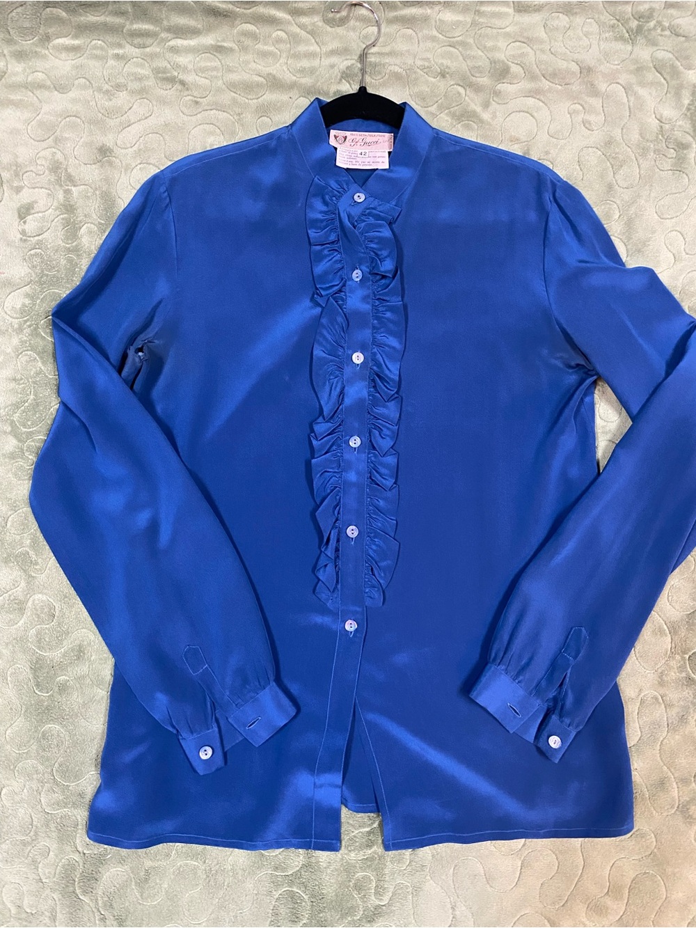1970s G. Gucci STL Royal Blue Ruffled Silk Blouse, has holes in armpits